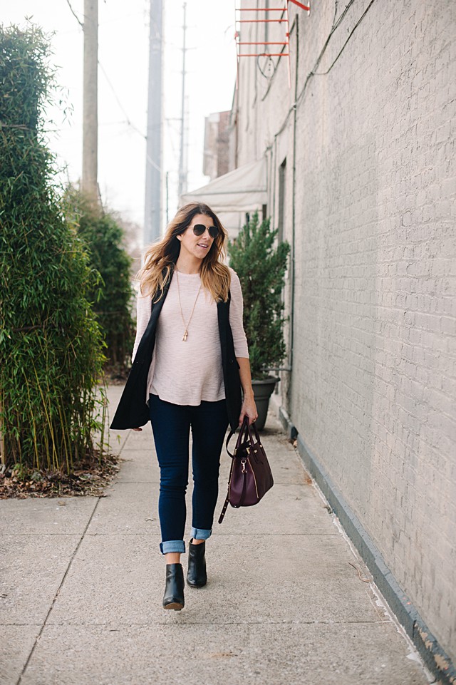 Pastel Pink Sweater + Black Vest * Maternity Outfit Ideas (10)