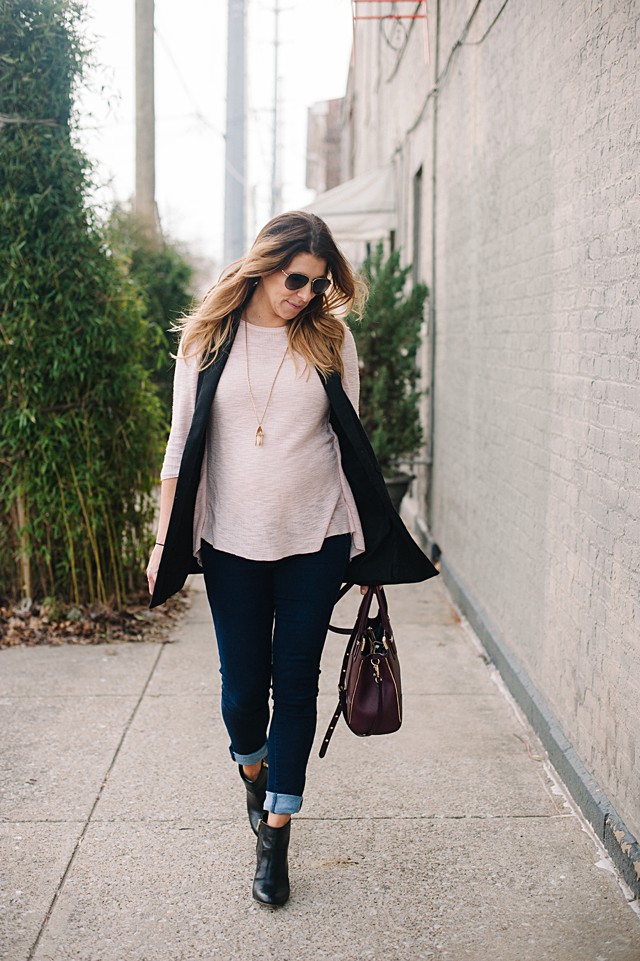 Pastel Pink Sweater + Black Vest * Maternity Outfit Ideas (9)