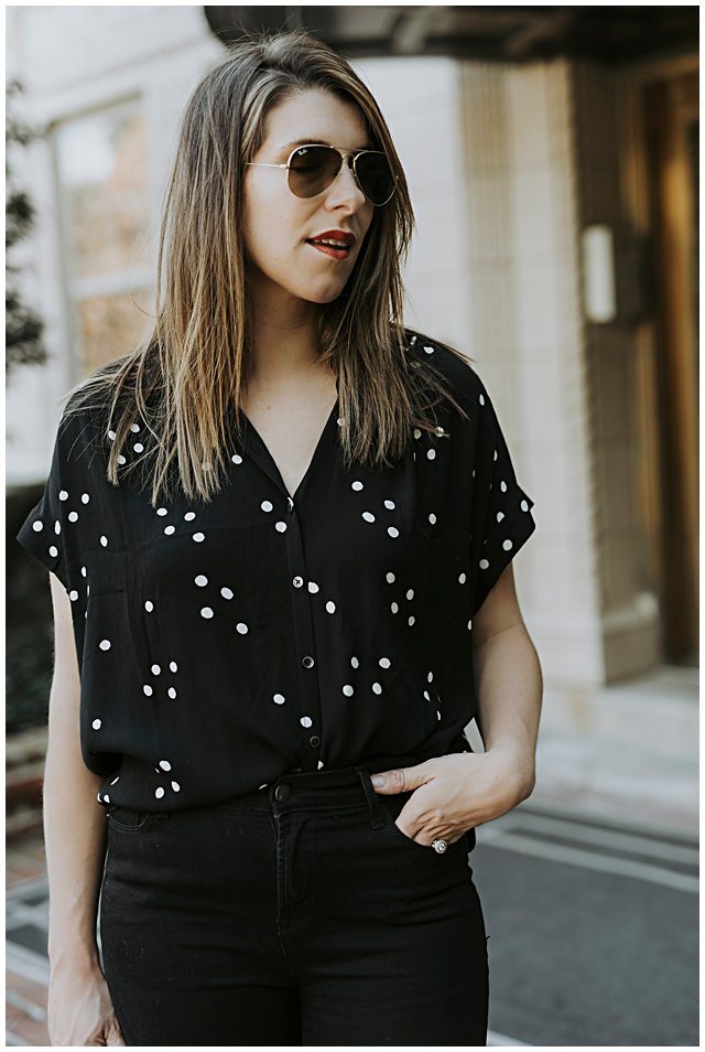 black polka dot blouse outfit