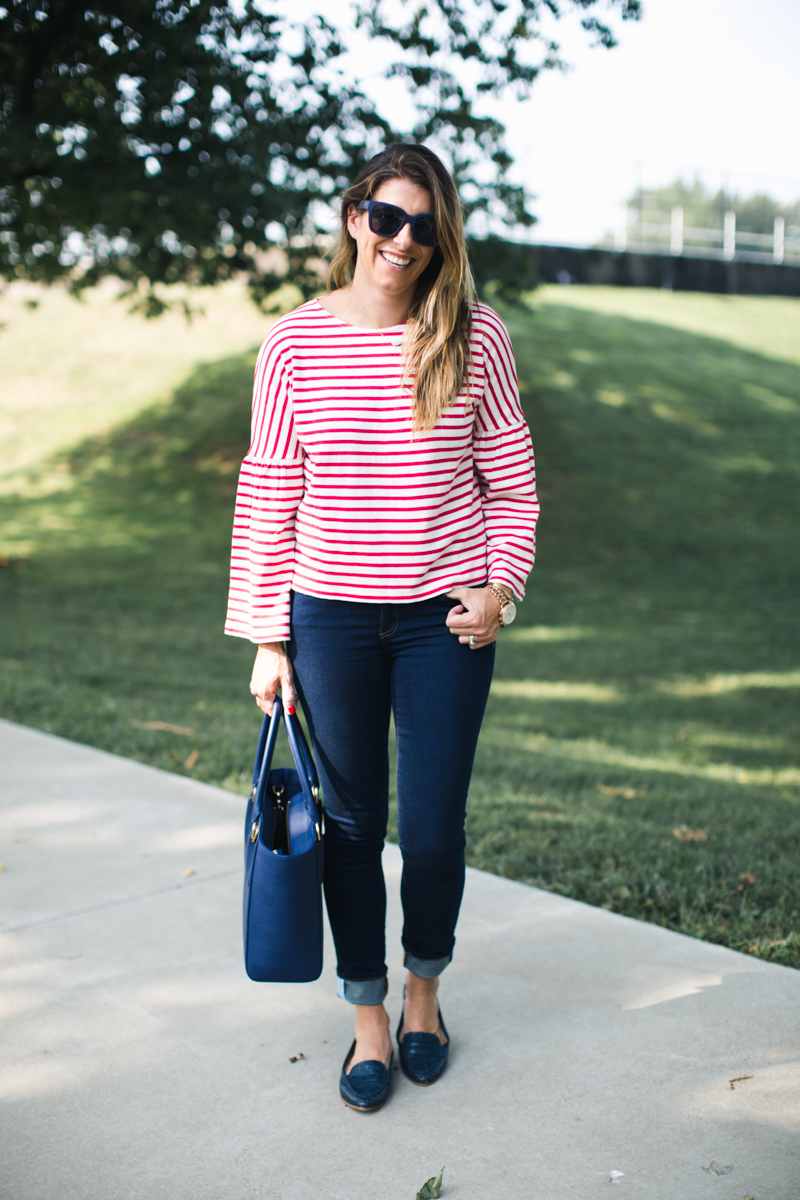 J.Crew Stripe Bell Sleeve T-Shirt | red stripe tee | red white and blue | fall preppy outfits