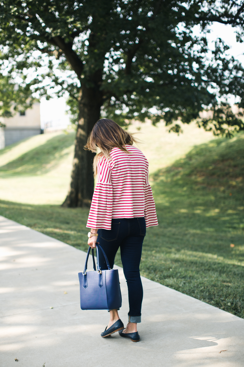J.Crew Stripe Bell Sleeve T-Shirt | red stripe tee | red white and blue | fall preppy outfits