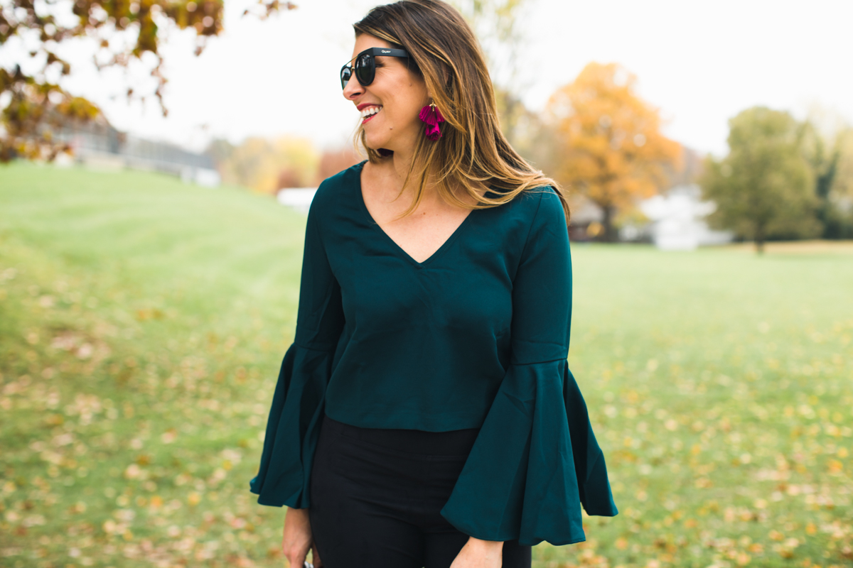 Emerald Bell Sleeve Top * TJ Maxx * Holiday Party Outfit Ideas