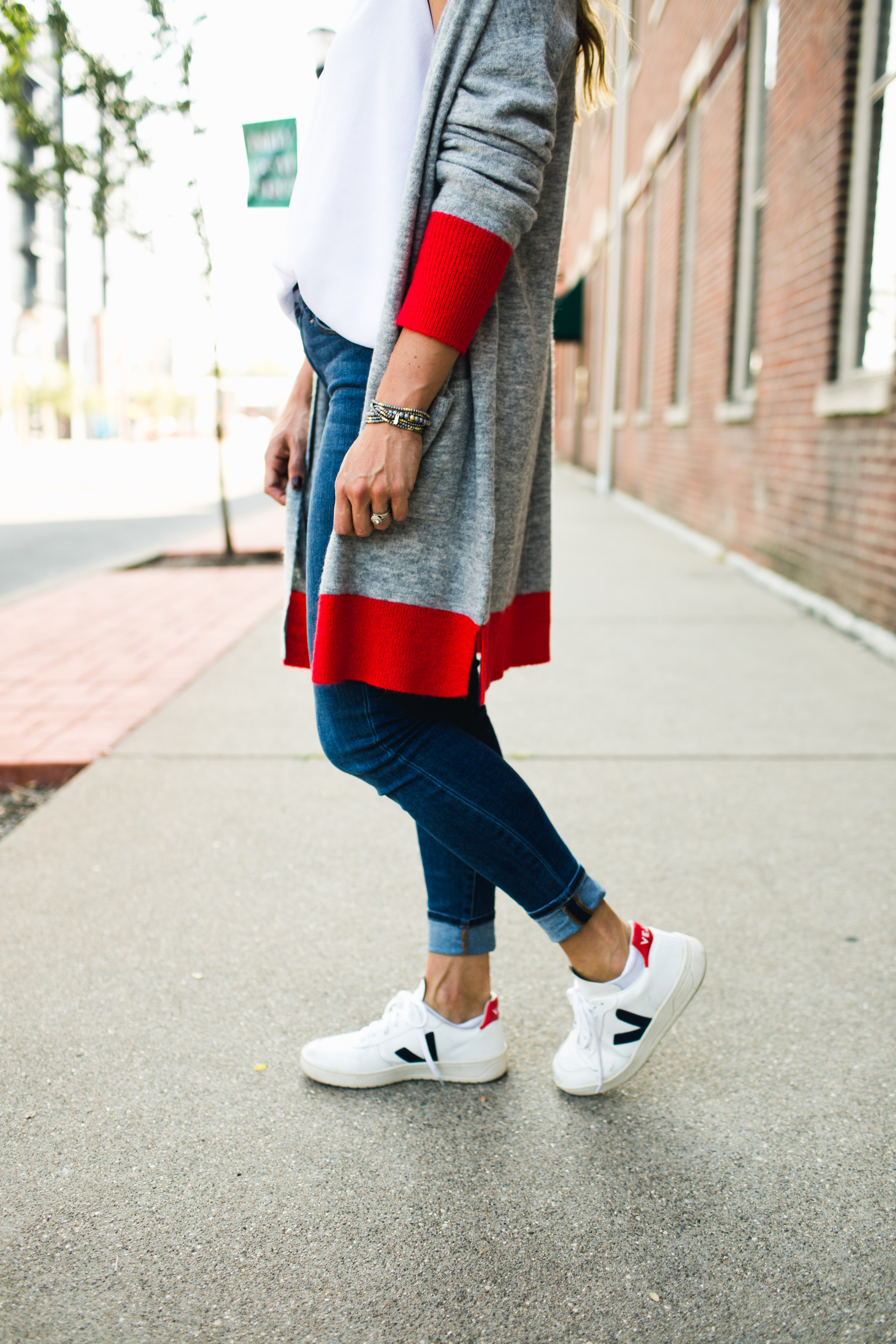navy and red sneakers